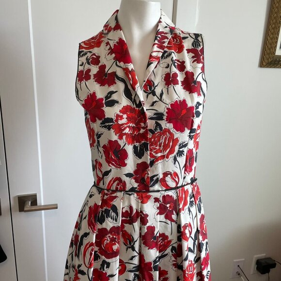 Jil Sander NAVY Designer Fit & Flare Pleated Floral Shirt Dress Ecru Red Sz 34 - Picture 3 of 15